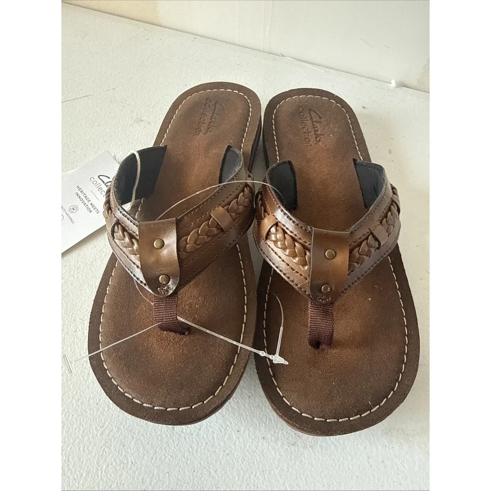 Clarks Collection Fenner Nerice Leather Braided Strap Flip Flops Brown Womens 6
